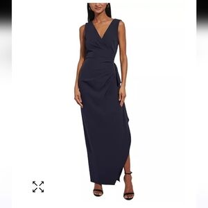 Vince Camuto Gathered Side Slit V-neck Sleeveless Navy Gown Dress